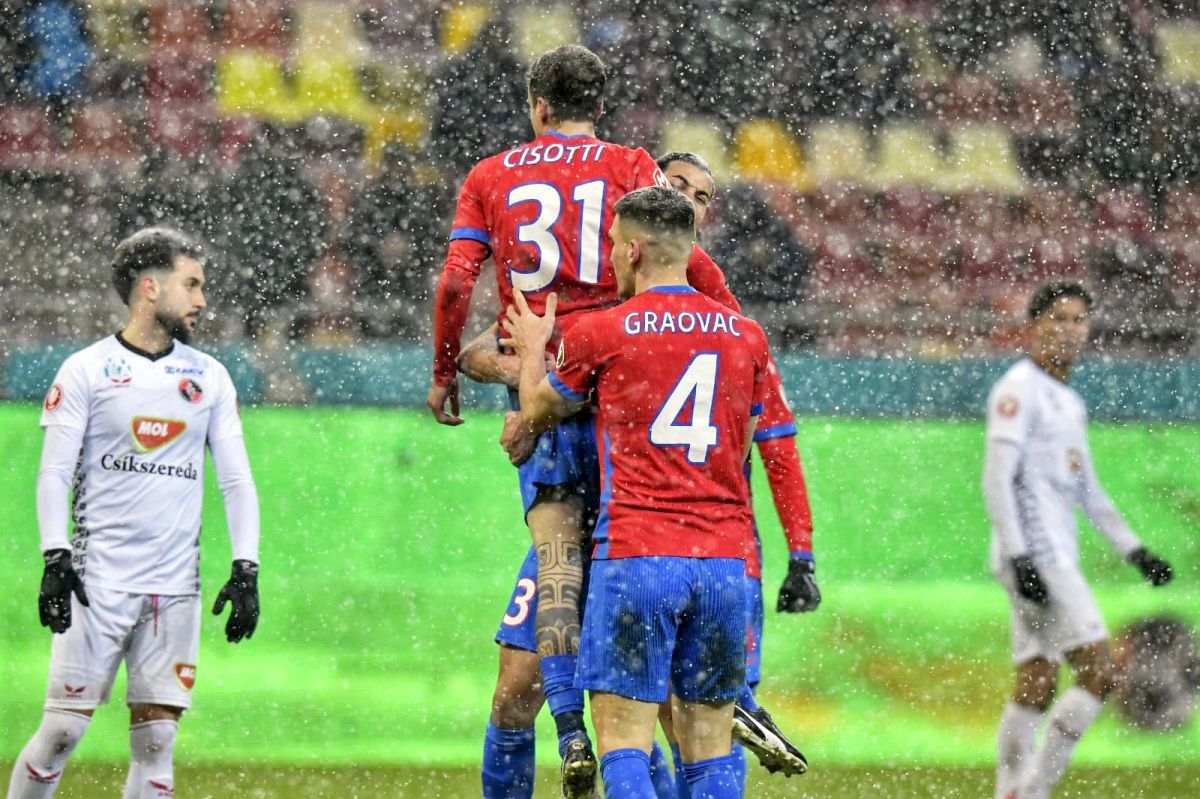 Salvatore Cisotti » FCSB a scos aceeași carte câștigătoare cu Csikszereda, într-un meci în care zăpada a învins fotbalul. Cum arată lupta la play-off
