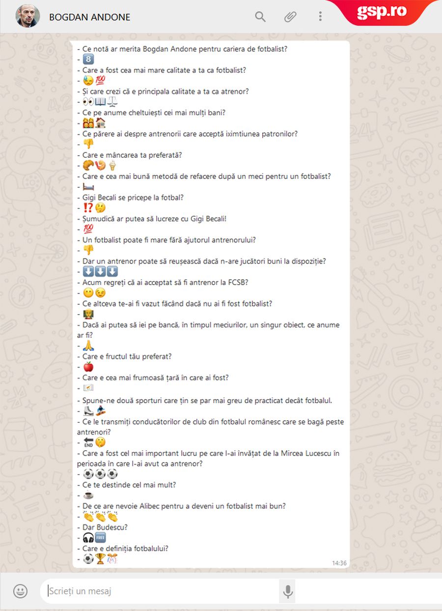 WhatsApp Q&A » Bogdan Andone a intrat în provocarea GSP și a răspuns prin emoticoane unor întrebări altfel