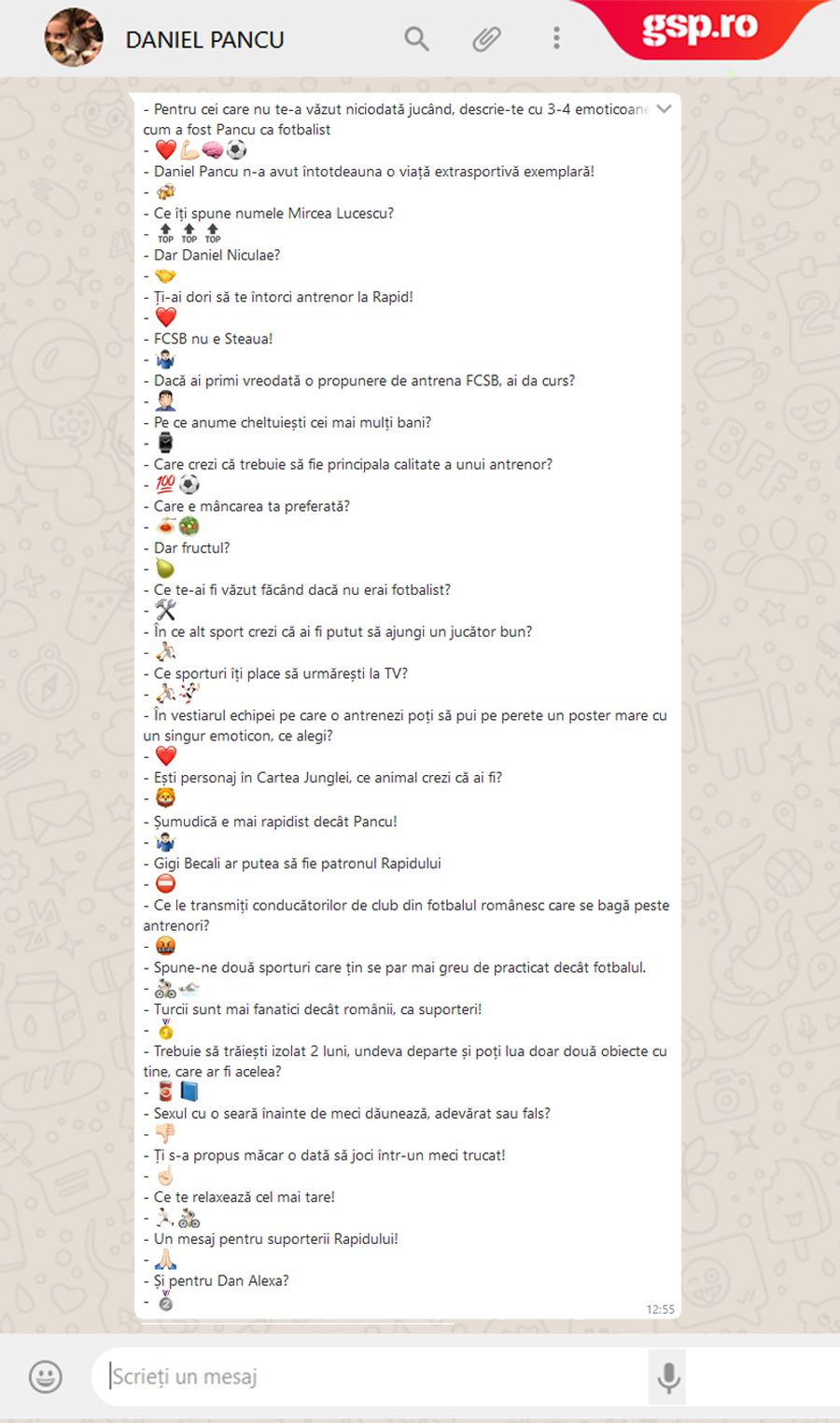 WhatsApp Q&A » Daniel Pancu intră în provocarea GSP: cum răspunde cu un emoticon la întrebări și afirmații inedite