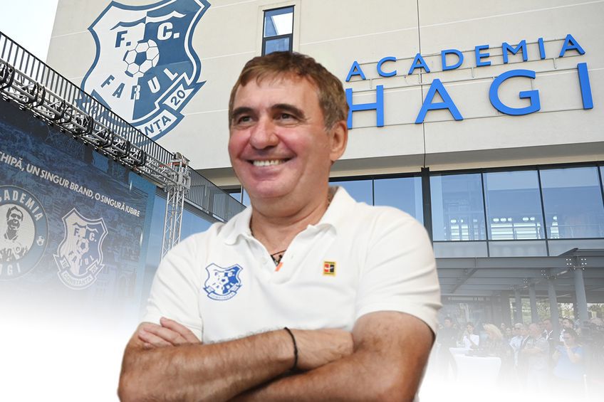 Hagi pozează mândru în fața Academiei de la Ovidiu