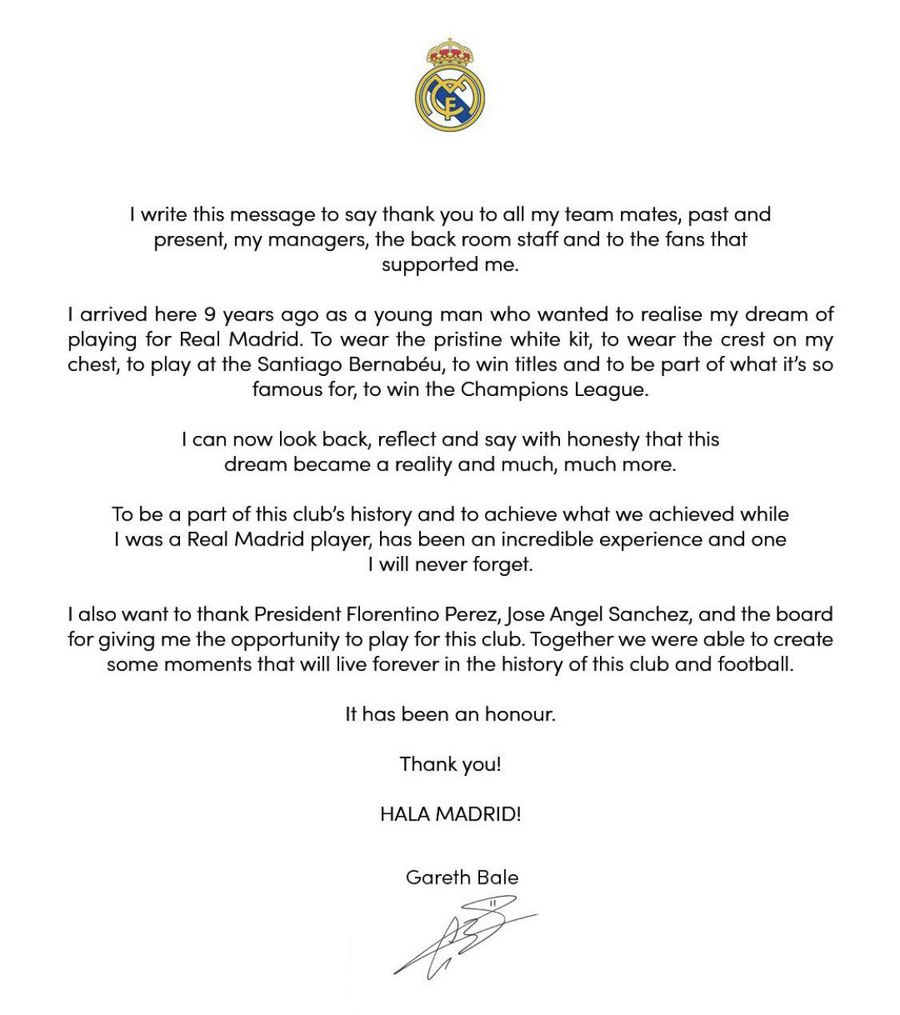 Gareth Bale și-a luat adio de la Real Madrid, după 9 ani, printr-o scrisoare