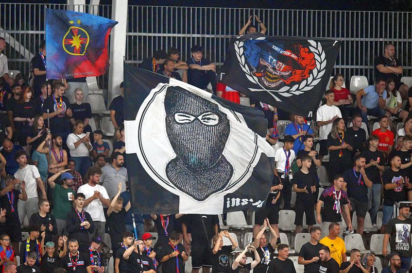 Steagul interpretat drept neo-nazist de UEFA, afișat la FCSB - UTA // foto: Raed Krishan (GSP)