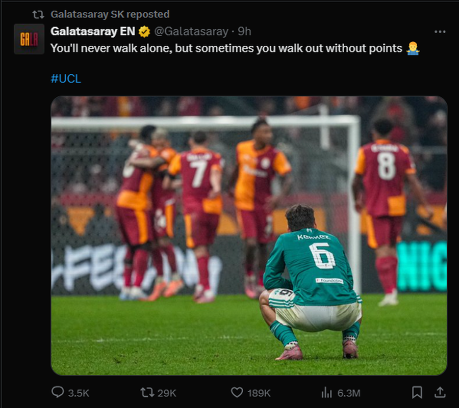 Foto: X.com Galatasaray a râs de Liverpool pe contul oficial: „Nu vei merge niciodată singur, dar...”
