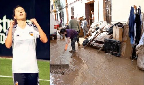 Marta Peiró, într-un meci ca jucătoare la Valencia în stânga, iar alături, efectele devastatoare ale DANA în Picanya / Foto: fotomontaj Marca