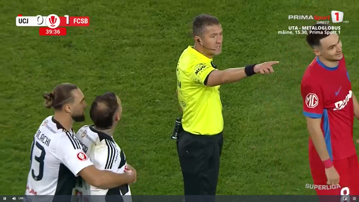 Clujenii acuză arbitrajul după eliminarea lui Murgia din eșecul cu FCSB: „Trebuia să simtă tenta”