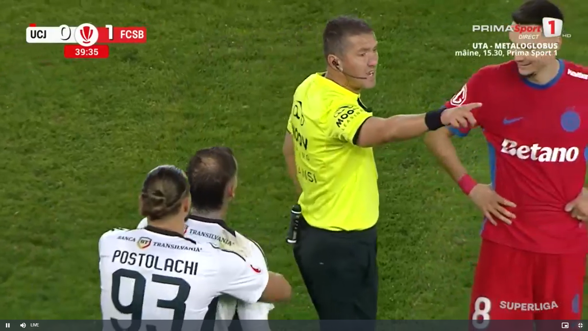 Clujenii acuză arbitrajul după eliminarea lui Murgia din eșecul cu FCSB: „Trebuia să simtă tenta”
