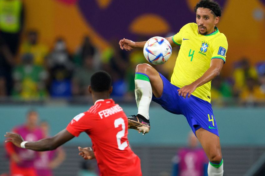 Brazilia e la înălțime, ca Marquinhos în această fază la 1-0 cu Elveția // FOTO Guliver/GettyImages