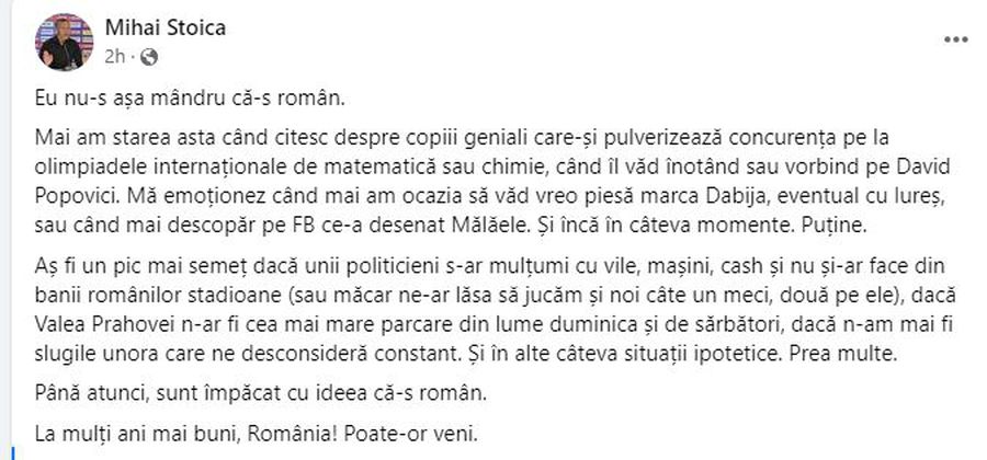 „Eu nu-s așa mândru că-s român” » Mihai Stoica, postare de 1 decembrie: „Aș fi altfel, dacă n-am mai fi slugile unora”