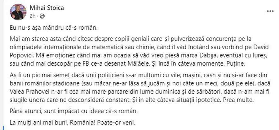 Postarea lui MM Stoica „Eu nu-s așa mândru că-s român” » Mihai Stoica, postare de 1 decembrie: „Aș fi altfel, dacă n-am mai fi slugile unora”