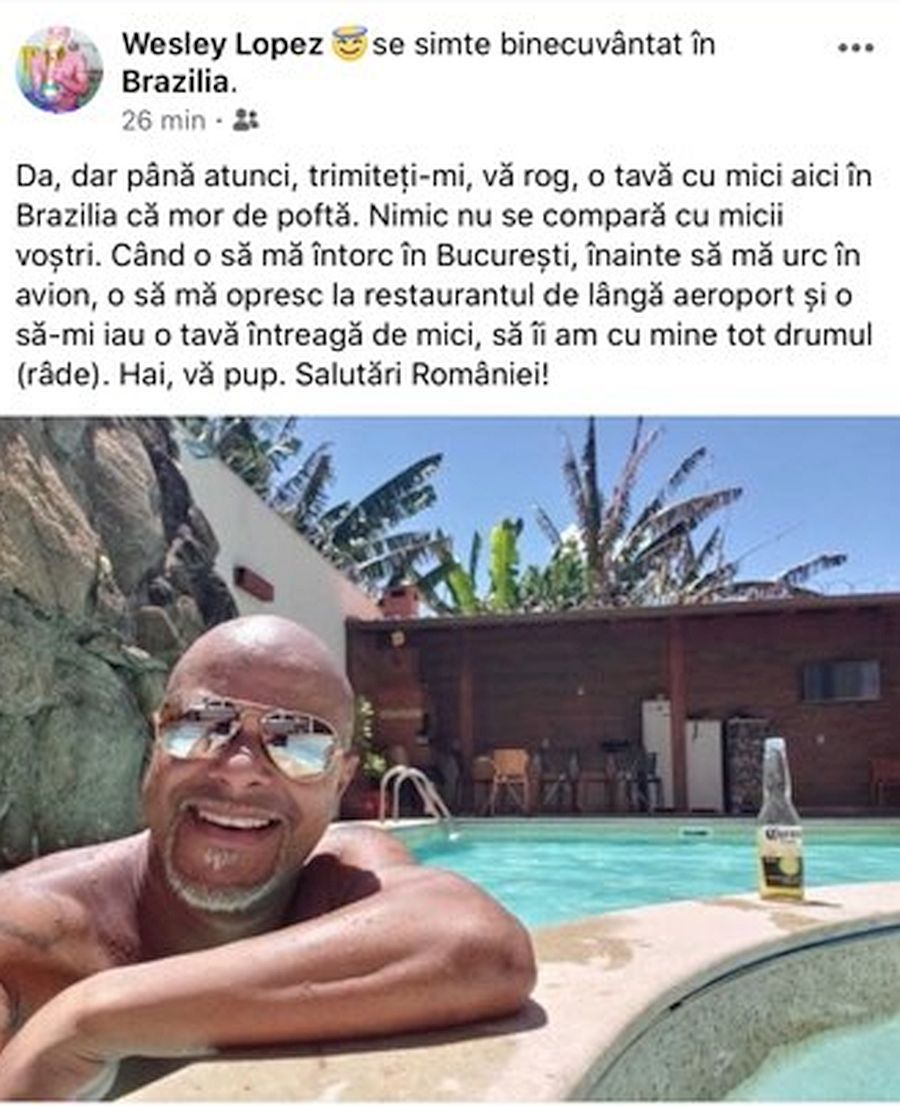 Wesley n-a uitat de România! Mesaj din piscină: „Trimiteți-mi o tavă de mici”
