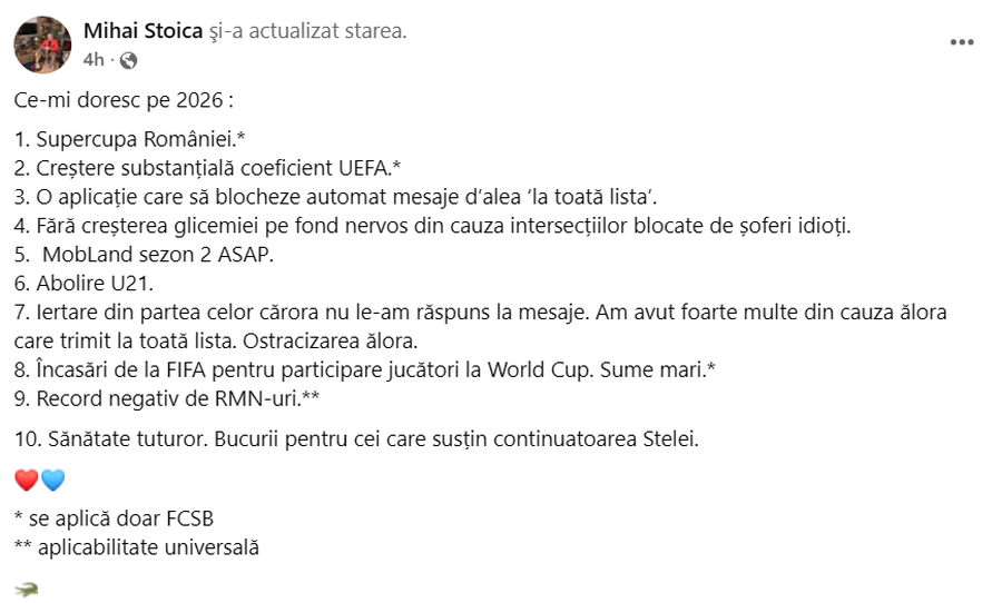 Mihai Stoica și-a făcut lista de dorințe pentru 2026: „Sume mari”
