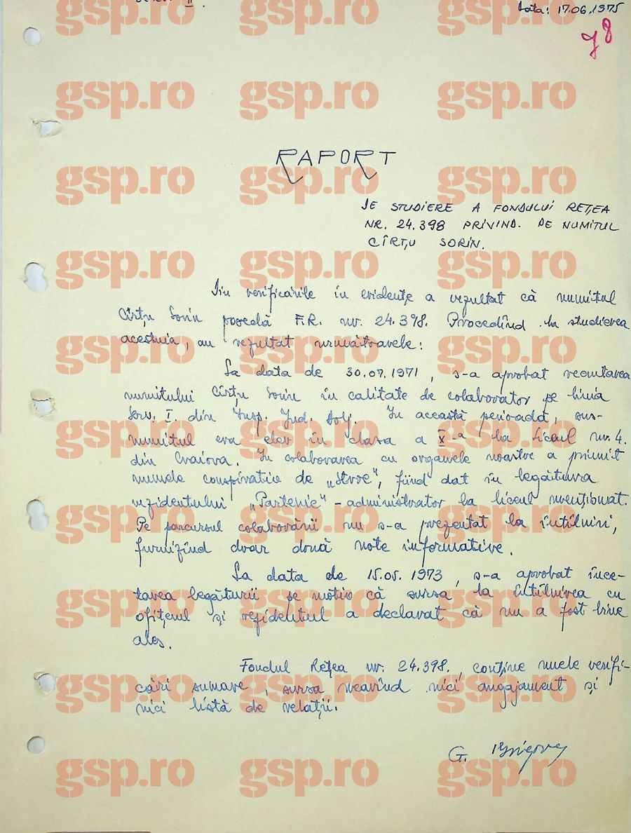 Acesta este Raportul care conține rezumatul dosarului de rețea constituit de Securitate pe numele lui Sorin Cârțu la începutul anilor '70. Foto: arhiva CNSAS Dansul pe sârmă al lui Sorin Cârțu cu Securitatea: „Recrutat colaborator în clasa a X-a, abandonat, propus pentru reactivare” » Ce nume conspirativ avea și reacția: „N-am scris niciun cuvințel”