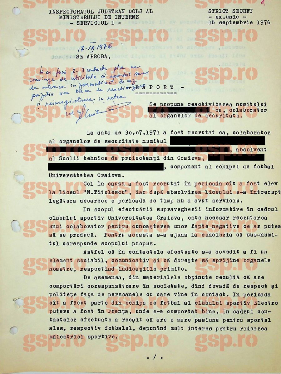 Prima pagină a raportului cu propunerea de „reactivizare” a lui Sorin Cârțu, din septembrie 1976: sub zona anonimizată de CNSAS se află numele fostului atacant al Craiovei. Foto: arhivele CNSAS Dansul pe sârmă al lui Sorin Cârțu cu Securitatea: „Recrutat colaborator în clasa a X-a, abandonat, propus pentru reactivare” » Ce nume conspirativ avea și reacția: „N-am scris niciun cuvințel”