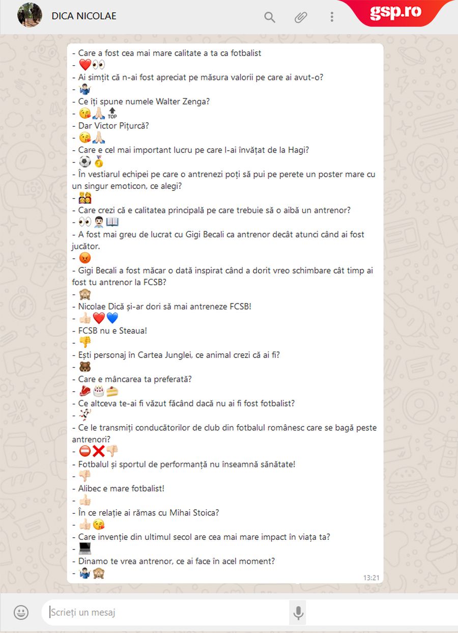 WhatsApp Q&A » Nicolae Dică intră în provocarea GSP: cum răspunde cu un emoticon la întrebări și afirmații inedite