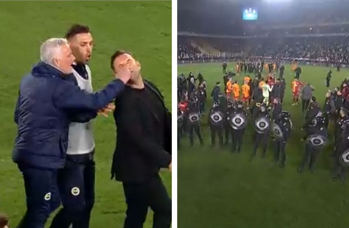 Teroare la Fenerbahce - Galatasaray » 3 „roșii” în prelungiri, Mourinho l-a lovit pe Buruk, mii de jandarmi au intervenit în forță! Scene de război