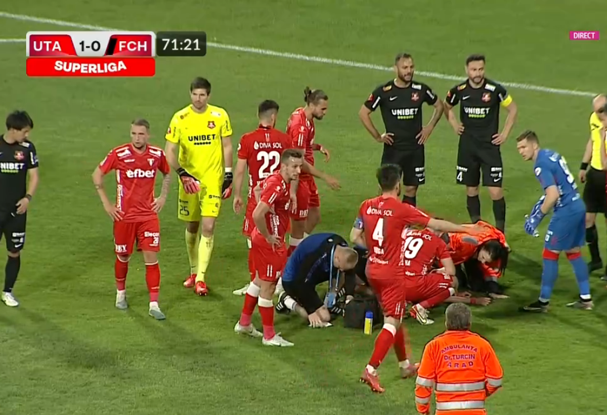 Momente de panică la Arad: Rareș Pop s-a prăbușit pe teren. Verdictul medicilor