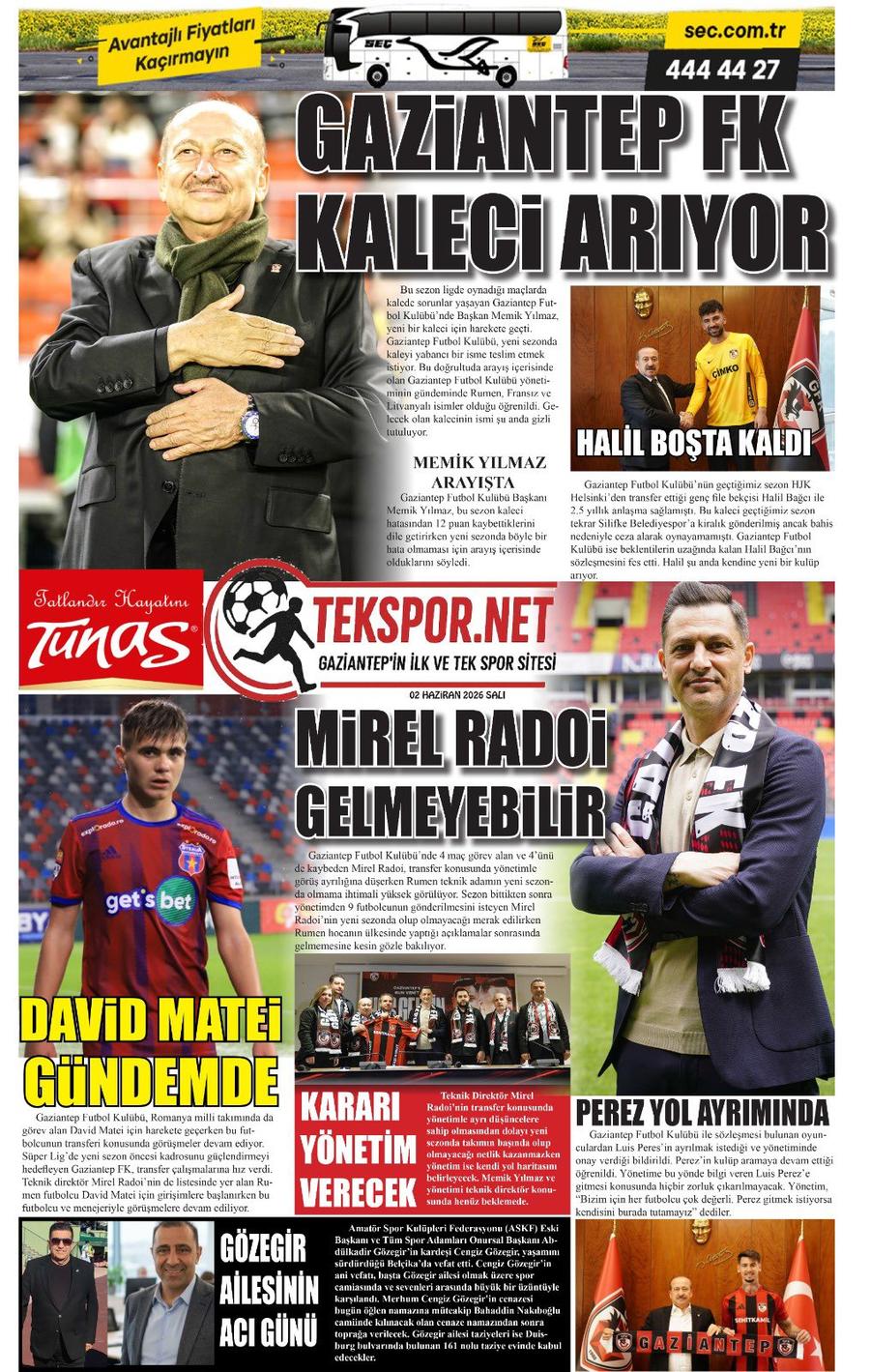 Prima pagină a publicației Tekspor Transferul lui David Matei, pe prima pagină în Turcia