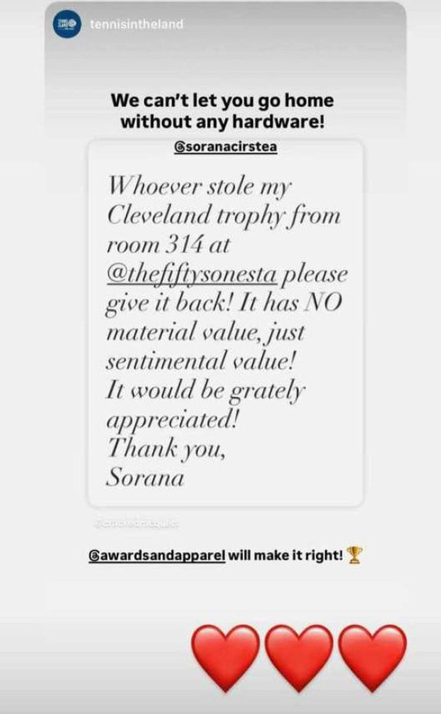 Sorana Cîrstea are motive de bucurie, după ce i-a fost furat trofeul de la Cleveland » Ce imagine a postat la plecarea din America