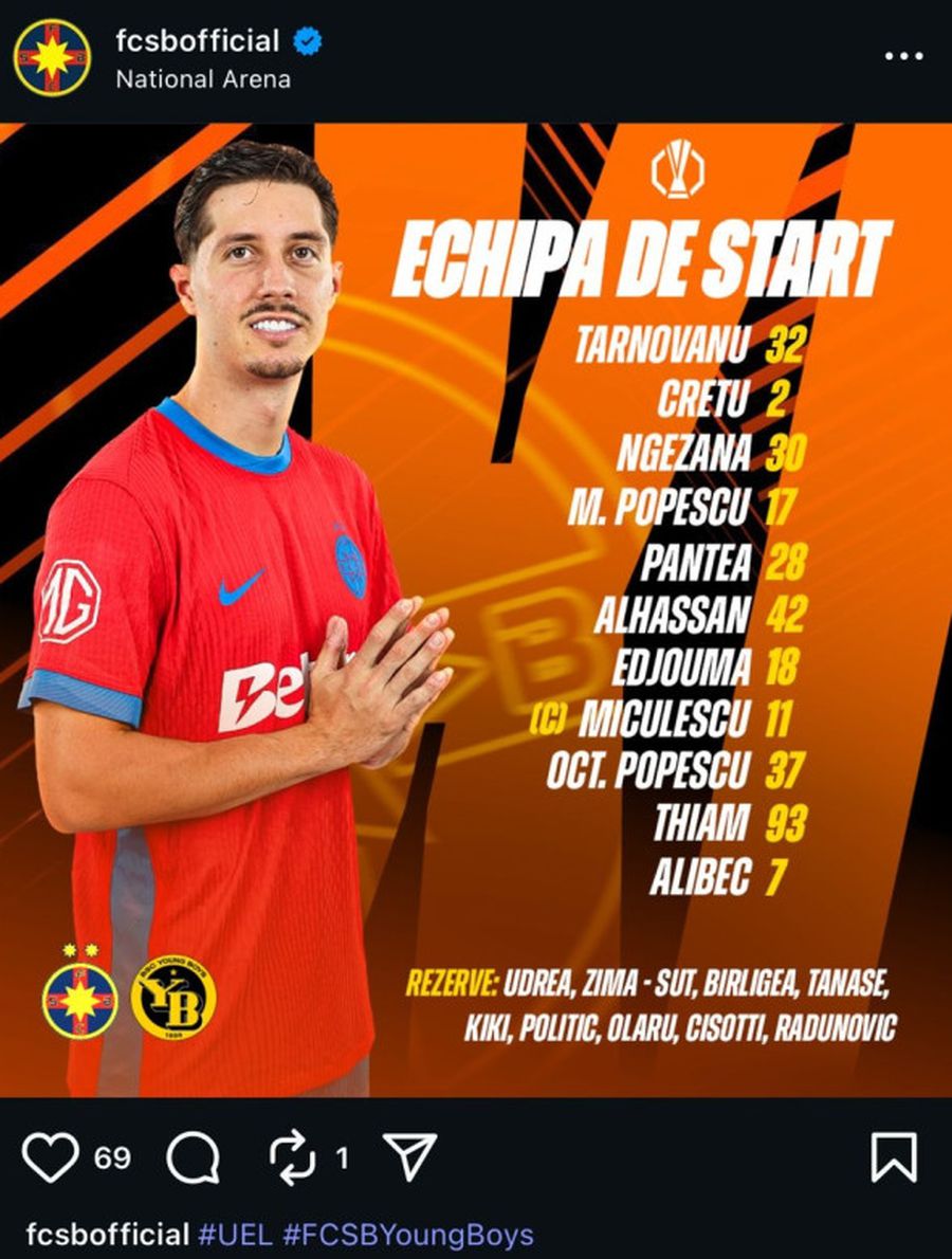 Foto: Instagram FCSB FCSB a anunțat primul „11” cu Young Boys: Căpitan în premieră » Postarea a fost ștearsă după câteva secunde