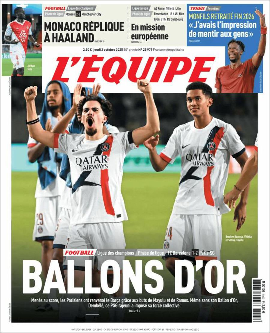 Coperta de joi a cotidianului L'Equipe Ziarele spaniole și franceze o distrug pe Barcelona: „La mila lui PSG!” » Marea problemă a catalanilor