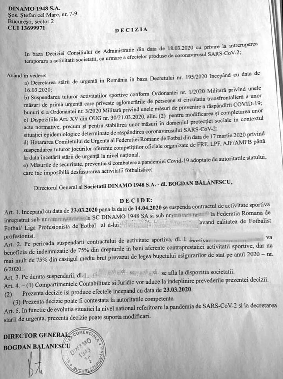 EXCLUSIV Avem documentul primit de jucătorii lui Dinamo: „Bogdan Bălănescu, director general, decide...”