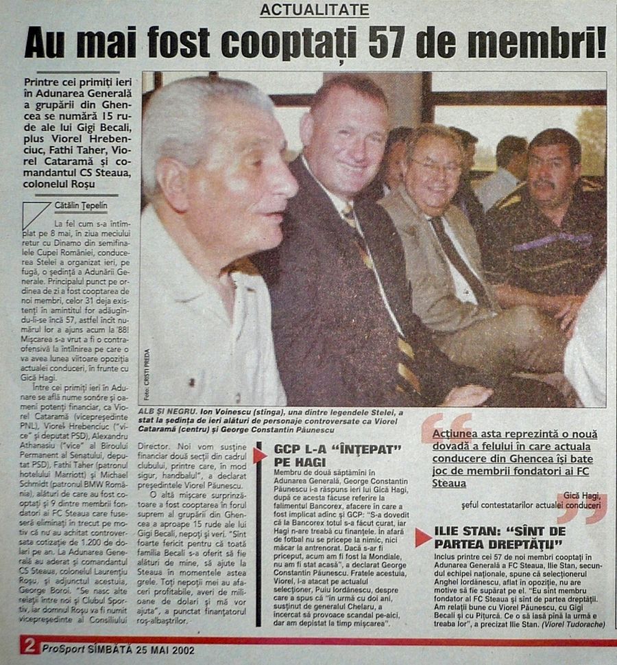 Detalii în presa vremii despre ședința invocată de Rizea. ProSportul din 25 mai scria despre supradimensionarea Adunării Generale cu diverși politicieni și oameni de afaceri. Tot atunci au apărut în club și 15 rude de-ale lui Gigi Becali, nepoți și veri. Liderii opoziției erau Hagi și Iordănescu