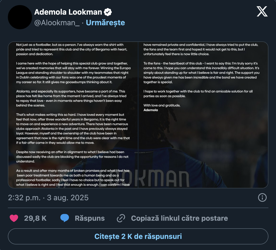 Mesajul postat de Ademola Lookman pe pagina sa de „X” Scandal în Serie A » Îi acuză pe șefii clubului și cere public transferul la Inter