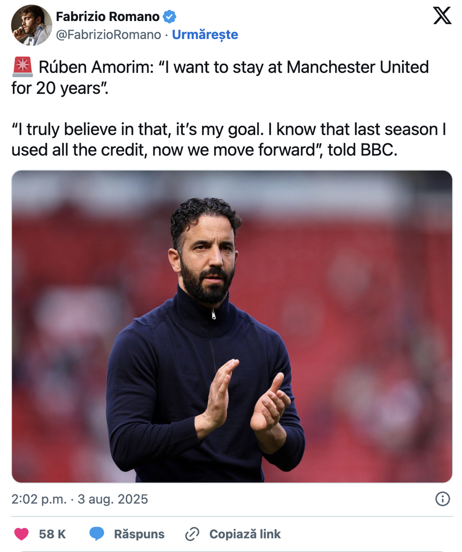 Ruben Amorim pentru BBC, citat de Fabrizio Romano // SURSA: „X” Pariul extrem de îndrăzneț al lui Ruben Amorim: „E principalul meu obiectiv la Manchester United”
