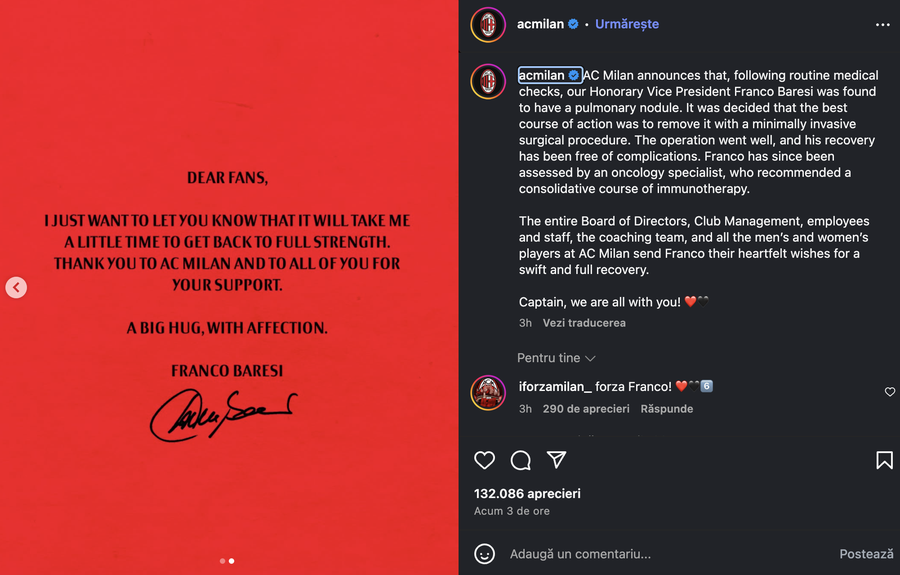 Comunicat AC Milan: legenda Franco Baresi a suferit o intervenție chirurgicală complicată