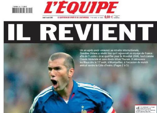 L'Équipe și prima pagină dedicată lui Zinedine Zidane, în 2005