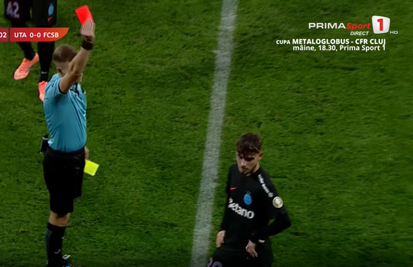 Fault violent în UTA - FCSB! La debut, tânărul de 18 ani al campioanei a văzut direct cartonașul roșu
