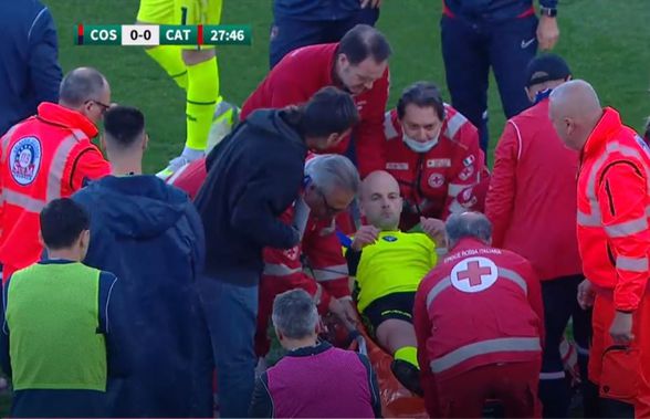 Accidentare șocantă și gravă a unui arbitru în Serie B. A fost scos pe targă și dus la spital!