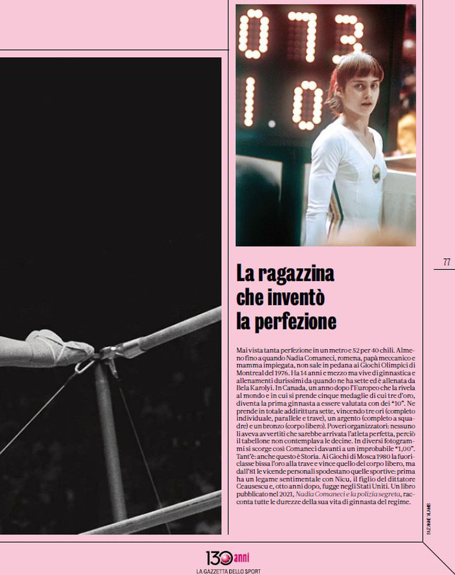 Pagina 77 din SportWeek dedicată Nadiei Comăneci Nadia Comăneci, omagiată de cel mai longeviv cotidian sportiv european: „Fata care a inventat perfecțiunea!”