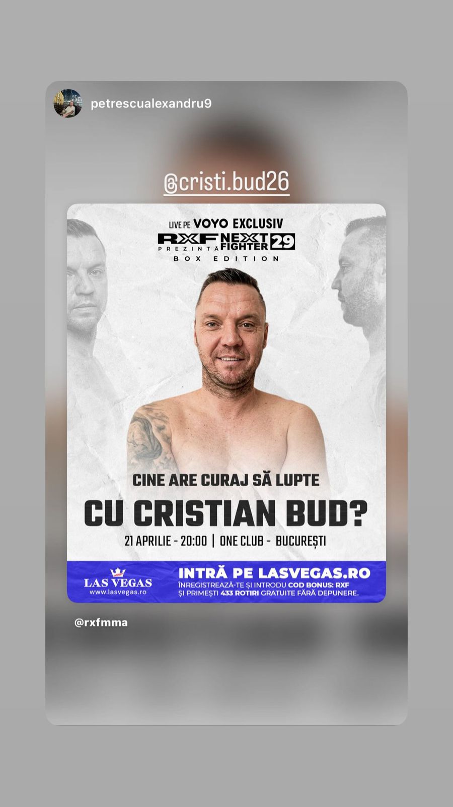 Cristi Bud, debut în gala RXF // FOTO: Instagram Triplul campion din Superliga intră în cușca RXF » Adversar din lumea show-biz-ului