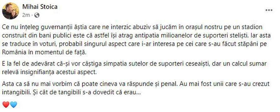MM Stoica, un nou mesaj virulent despre prezența FCSB în Ghencea: „Poate cineva va răspunde penal!”