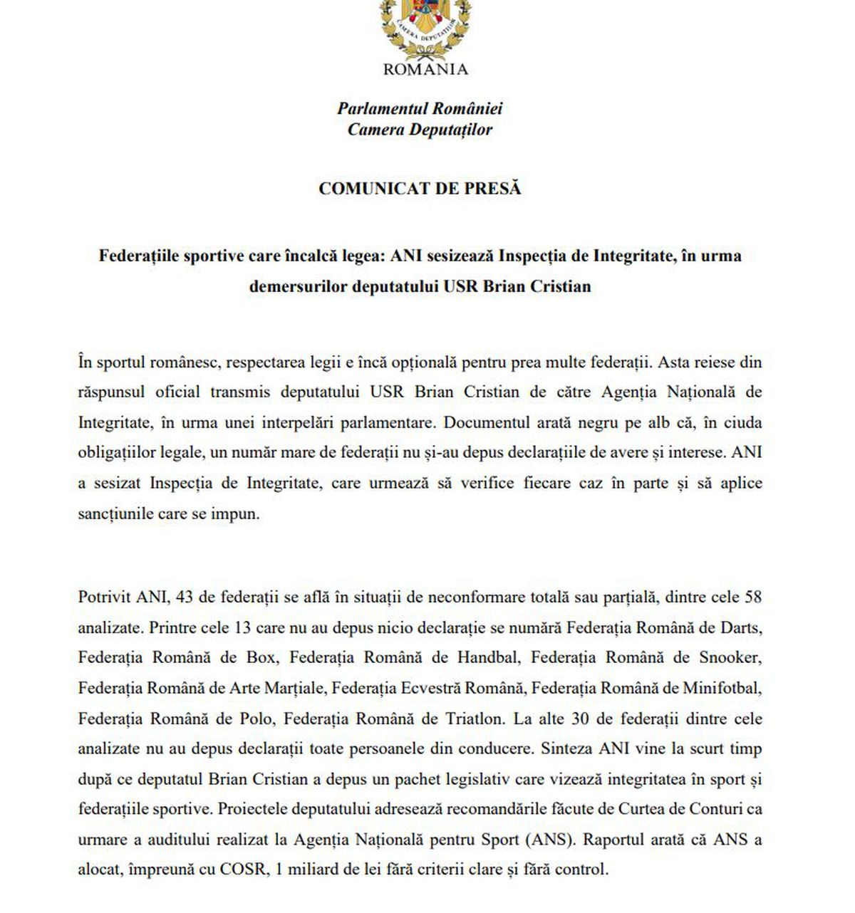 Care sunt federațiile sportive care încalcă legea? Agenția Națională de Integritate anunță primele măsuri, după un raport îngrijorător: 13 dintre ele sfidează total transparența