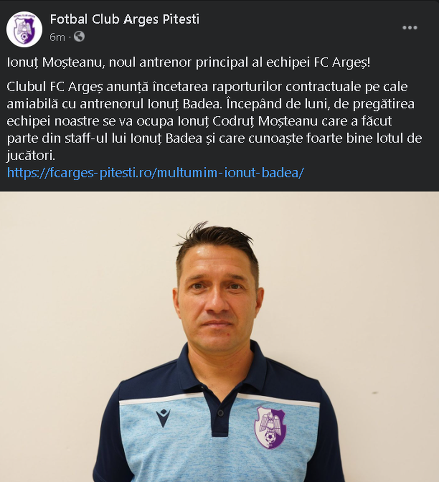 OFICIAL Ionuț Badea, înlocuit de FC Argeș! Cine e noul antrenor al echipei