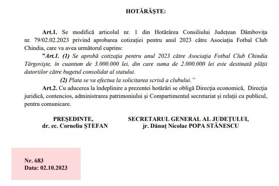 Chindia, sac fără fund! Consiliul Județean va da către club o sumă de 5 ori mai mare decît cea stabilită în februarie 2023