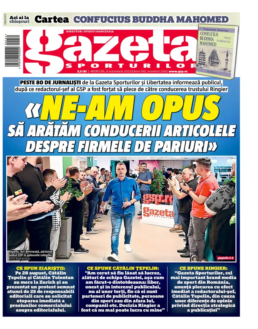 Izbucnire la Euronews despre demiterea lui Țepelin de către Ringier: „Câtă vreme mai suntem aici, nu lăsăm pe nimeni să-și bată joc de Gazeta Sporturilor, un ziar românesc cu 100 de ani de viață”