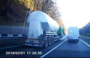 VIDEO ÎNSPĂIMÂNTĂTOR! Cursă șocantă făcută de șoferul unei autocisterne » Imaginile de pe DN Deva-Brad care au șocat internetul!