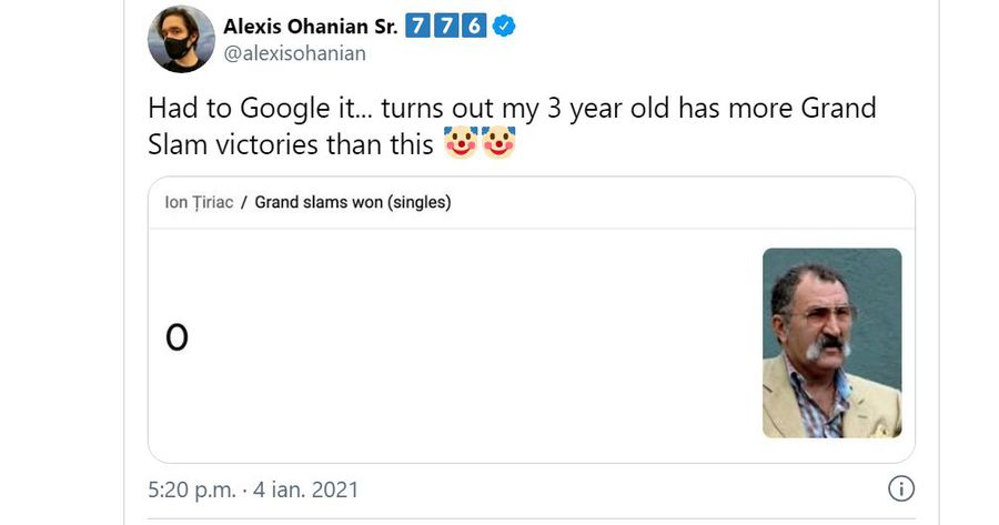 Alexis Ohanian, atac grosolan la Ion Țiriac: „Fetița mea de 3 ani are mai multe Grand Slam-uri decât acest clovn”