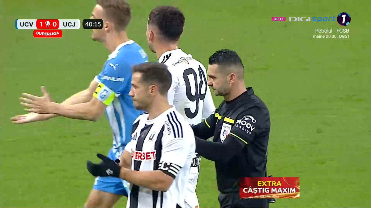 Iulian Călin n-a văzut nimic în Universitatea Craiova - U Cluj! Două penalty-uri evidente ratate: Cârțu l-a înfruntat la pauză