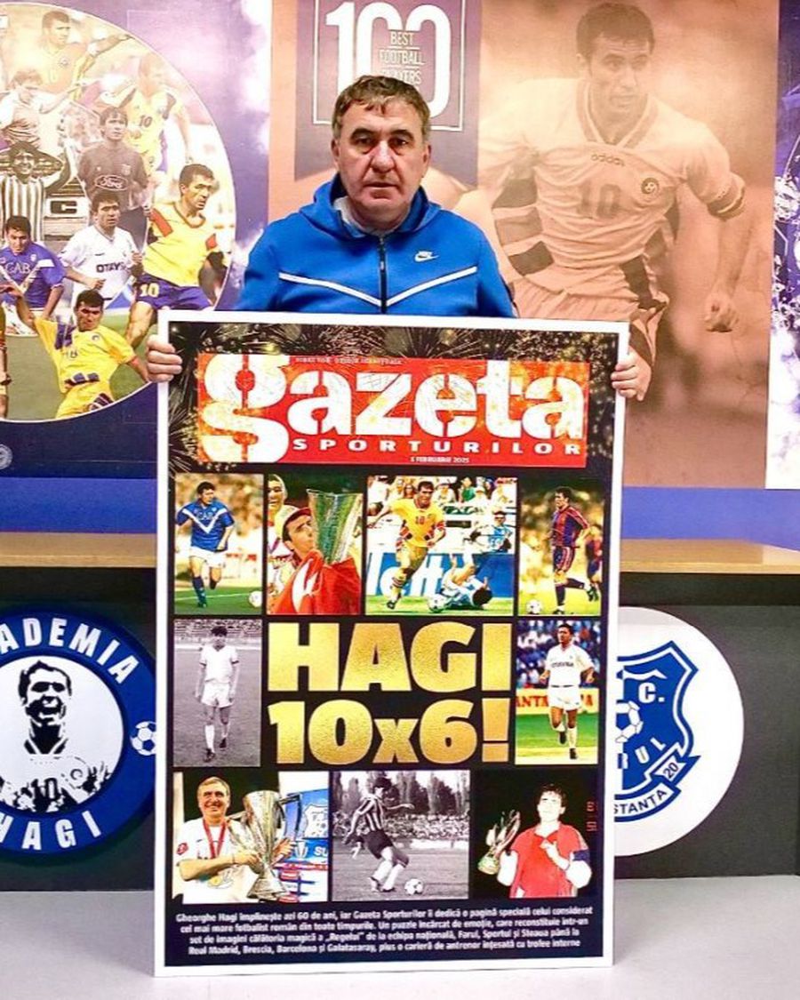 Gică Hagi a pozat cu o primă pagină omagială a Gazetei Sporturilor, dedicație pentru vârsta de 60 de ani Gică Hagi la 60 de ani, partea 3 dintr-un interviu eveniment: „Gata! Nu mai pot!” + „Trebuia să fiu deja pe banca naționalei”