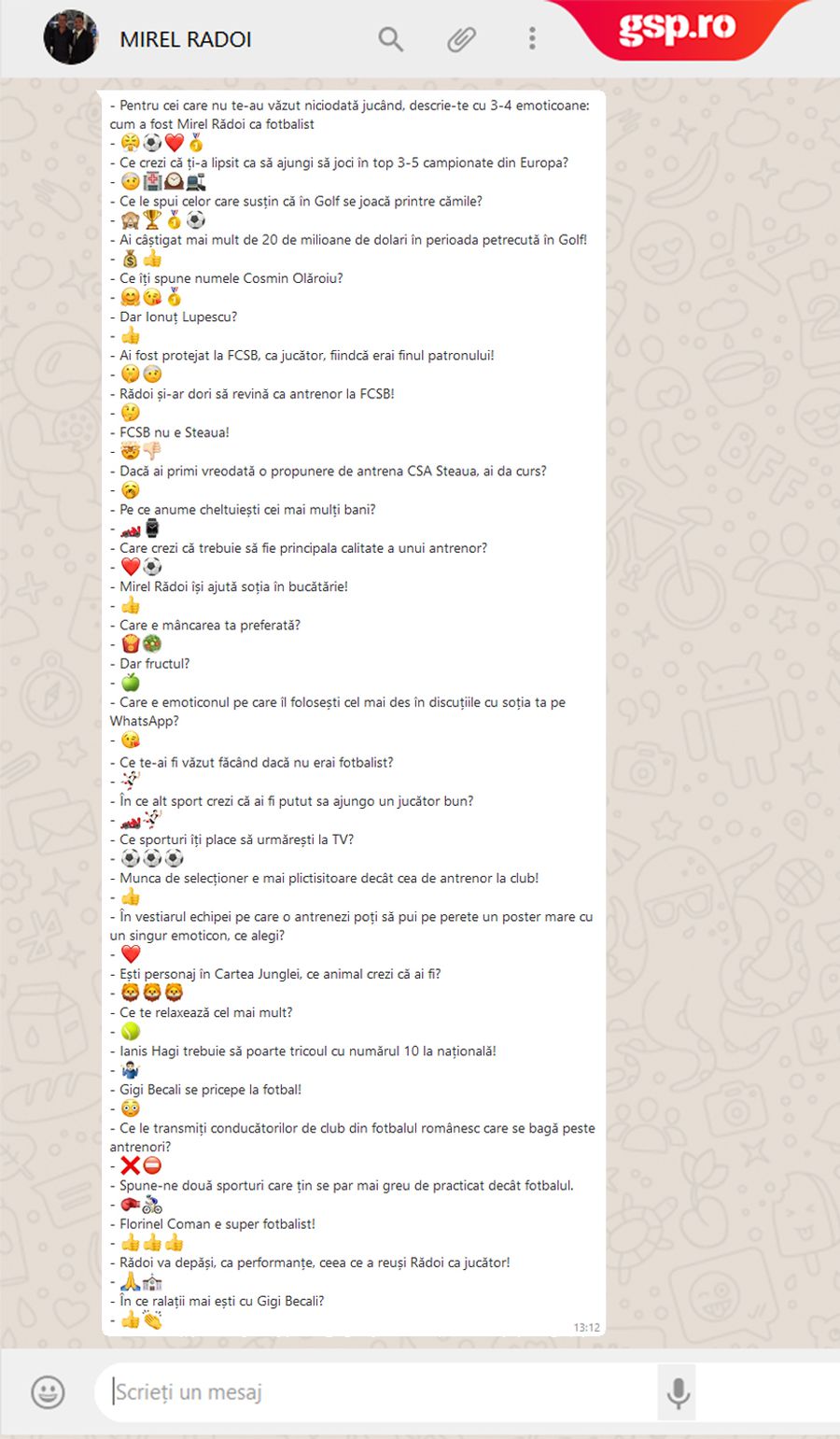 WhatsApp Q&A » Mirel Rădoi intră în provocarea GSP: cum răspunde cu un emoticon la întrebări și afirmații inedite