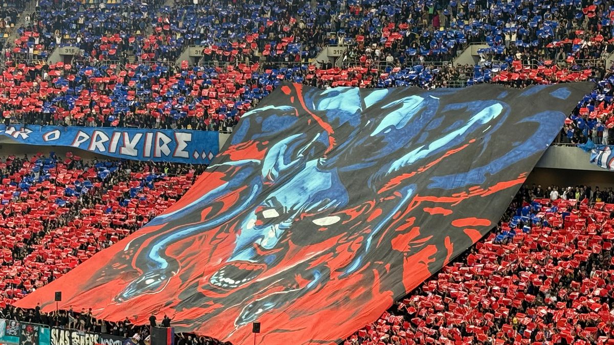 Spectacol în roșu și albastru! Galeria FCSB, superioară în duelul peluzelor: scenografia afișată în derby + dinamoviștii au răspuns cu un citat din Elisabeta Rizea