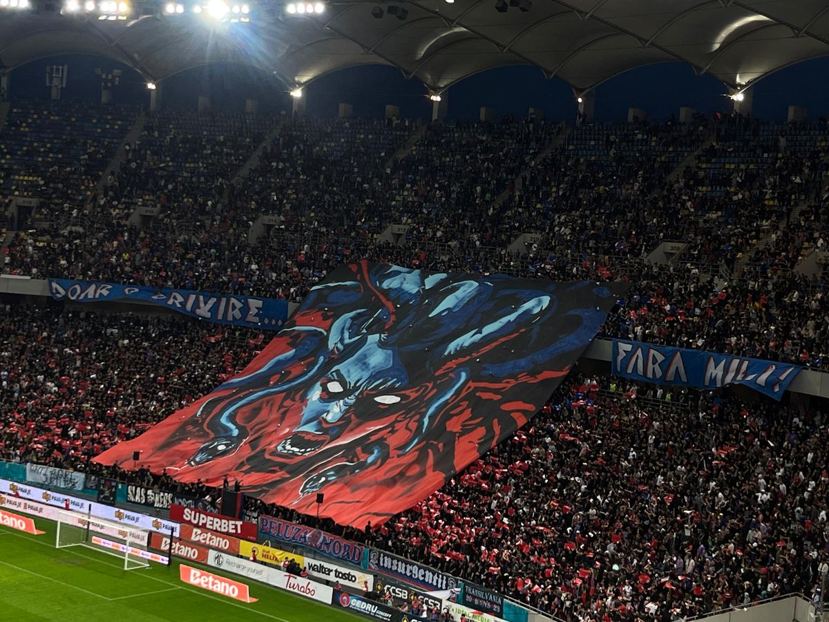 Spectacol în roșu și albastru! Galeria FCSB, superioară în duelul peluzelor: scenografia afișată în derby + dinamoviștii au răspuns cu un citat din Elisabeta Rizea