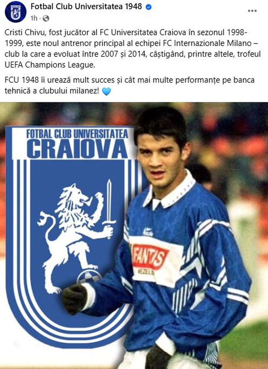 Sursă foto: Facebook FCU Craiova Primul club din România care l-a felicitat pe Cristi Chivu pentru preluarea lui Inter: „Mult succes!”