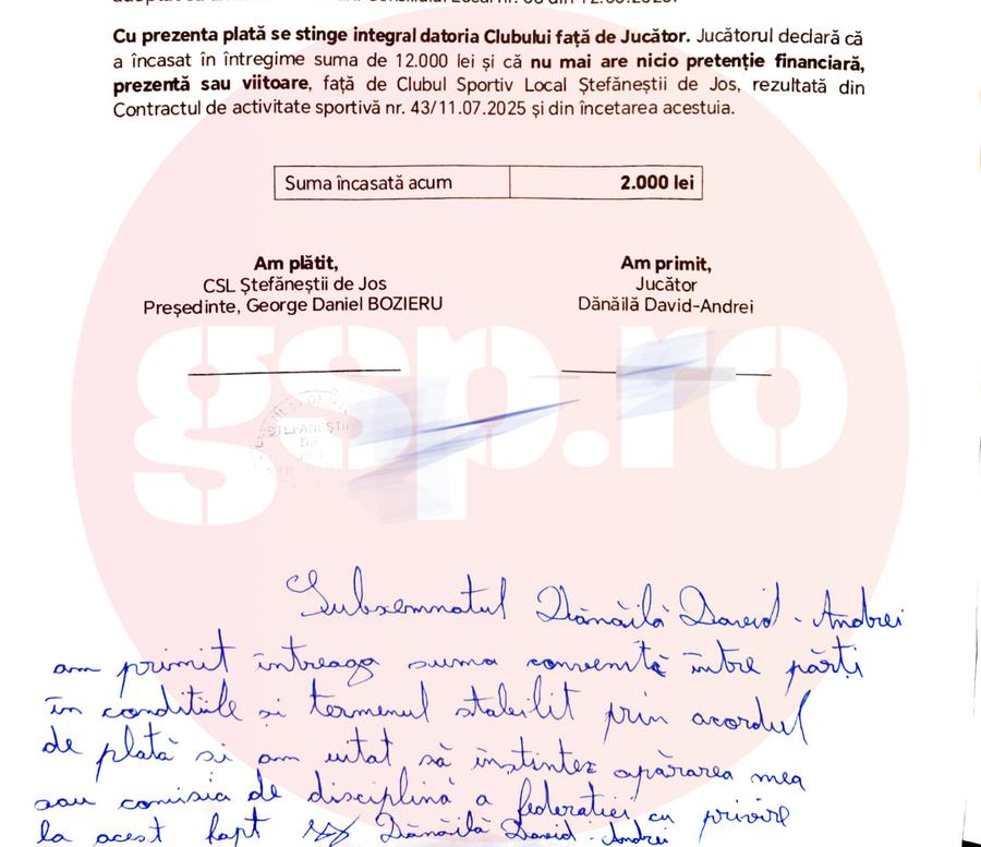 Nota semnată de David-Andrei Dănăilă, conform celor de la CSL Ștefăneștii de Jos Acuzații de fals în acte pentru o nou-promovată » Documente antedatate la mall și o decizie de depunctare ascunsă de FRF