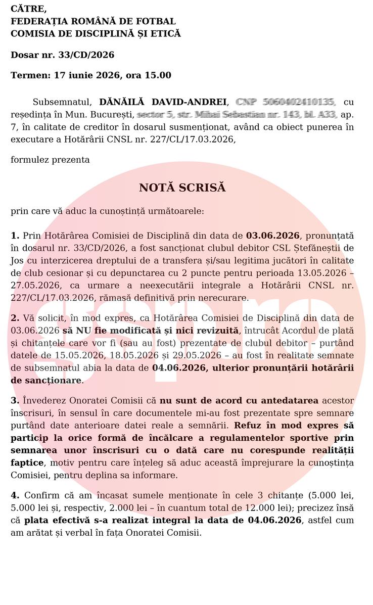 Documentul trimis FRF de către David-Andrei Dănăilă pe 5 iunie