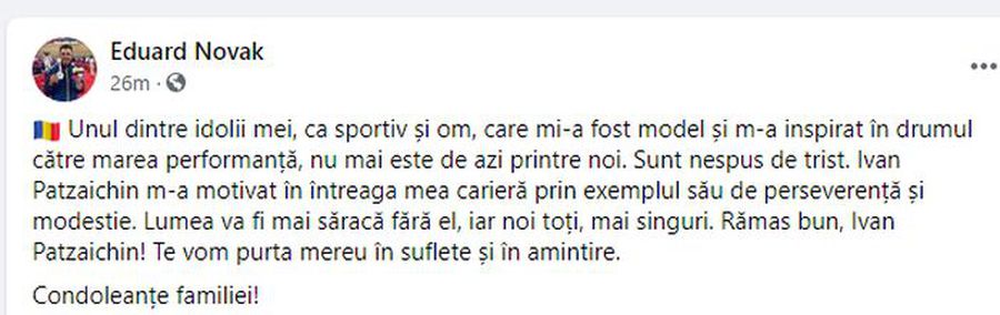 „M-a inspirat în drumul către marea performanță” » Ministrul Eduard Novak, mesaj emoționant la moartea „modelului” Ivan Patzaichin